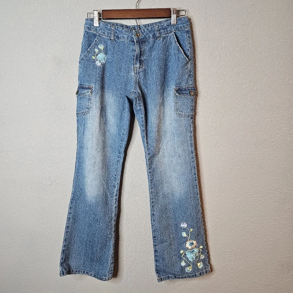 Vtg Blue Heart‎ Girls Blue Jeans Size 14 Embroidered Flower Straight Leg